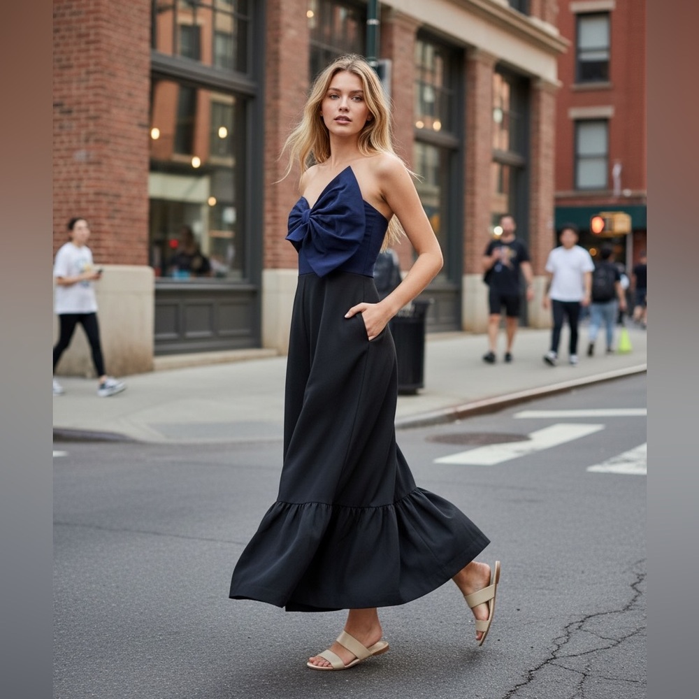 Hutch Strapless Navy and Black Dress with Bow Front